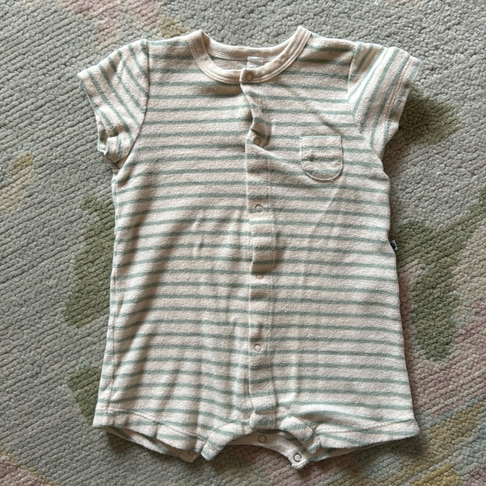 Petit Bateau Cream / Green Striped Playsuit • Size 3 months
